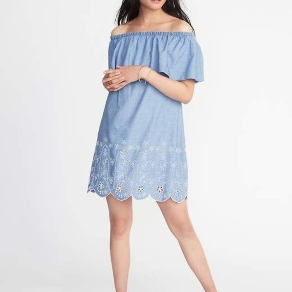 Jean and eyelet off-the-shoulder dress